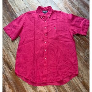 Ralph Lauren Blake Shirt Men Large Pink 100% Linen Short Sleeve Button Down Pony
